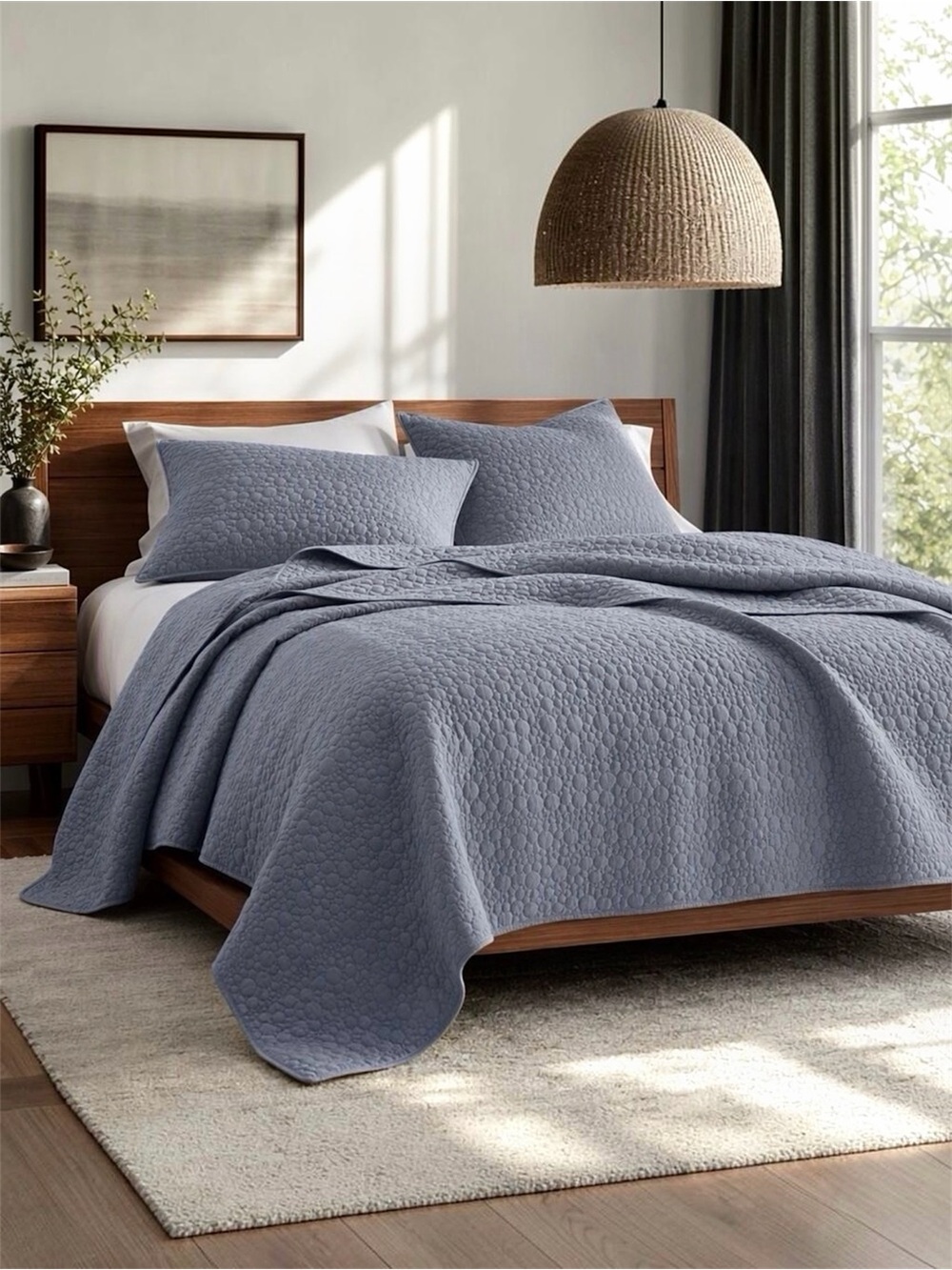 NEW West Elm Blue Stone Print Ultra Soft Queen King Bedding Bedspread & Sham Set
